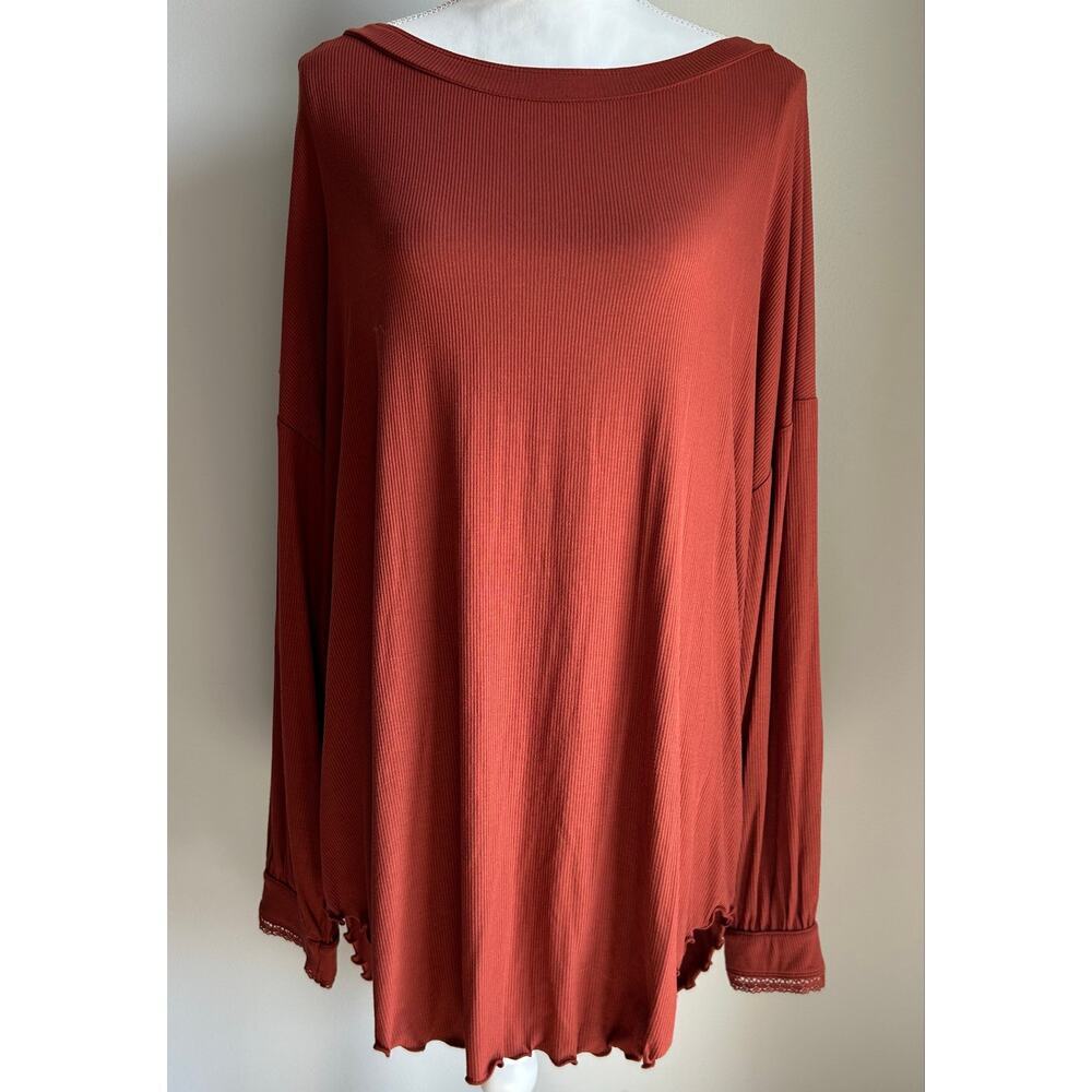 Free People Clay Red Open Back Knot Twisted Soft Ribbed Blouse Size Large - Picture 2 of 7